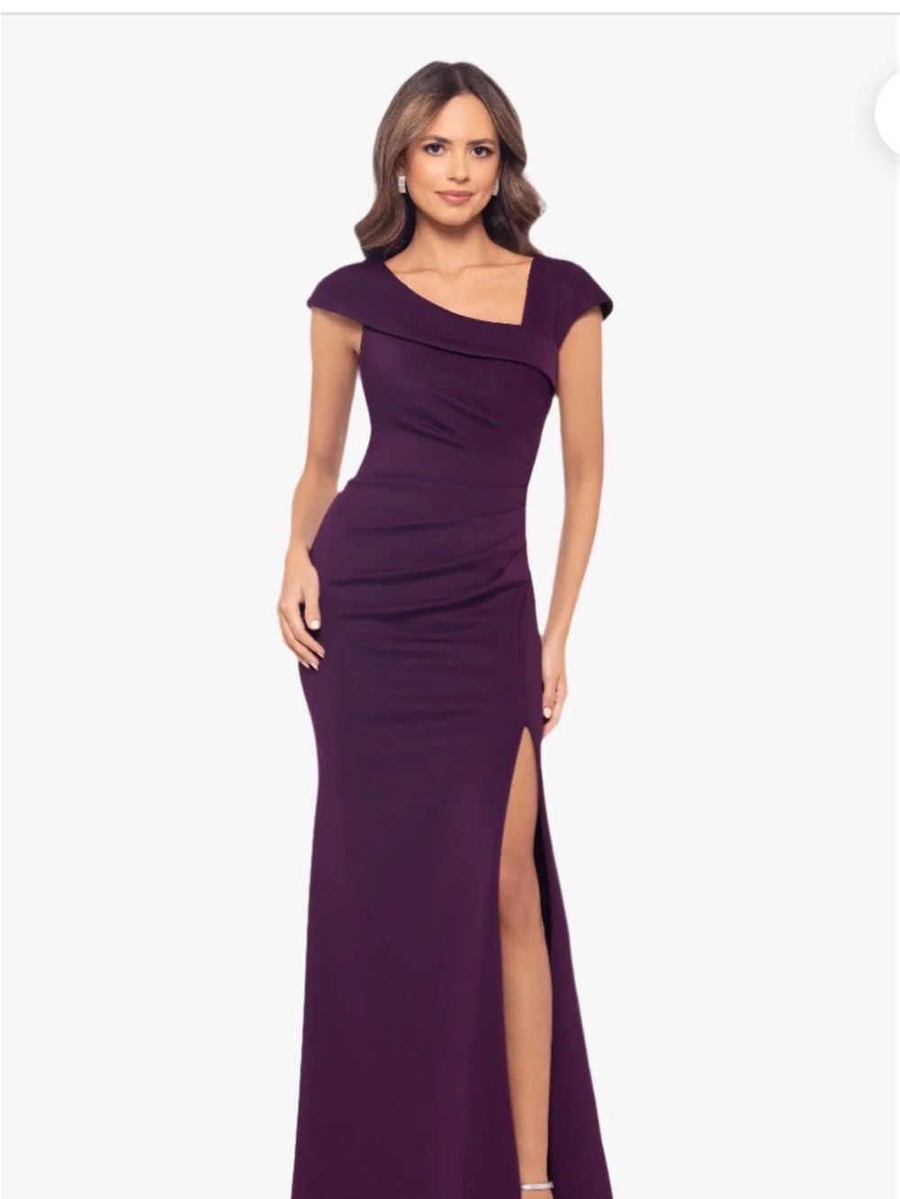PETITE "LENORE" TECHNO SCUBA ASYMMETRICAL NECKLINE DRESS, PLUM, 6P